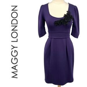 Vintage Maggy London Purple Scoop Neck Cocktail Dress with Floral Applique Sz 8